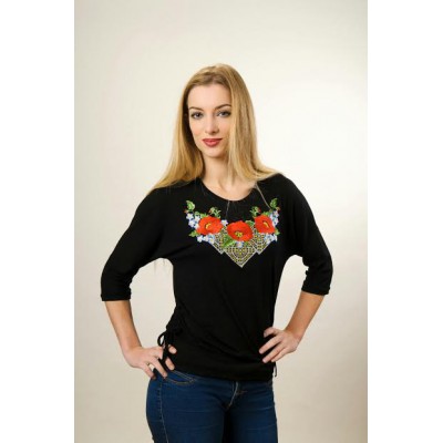 Embroidered t-shirt with 3/4 sleeves "Wonderful Poppies" on black